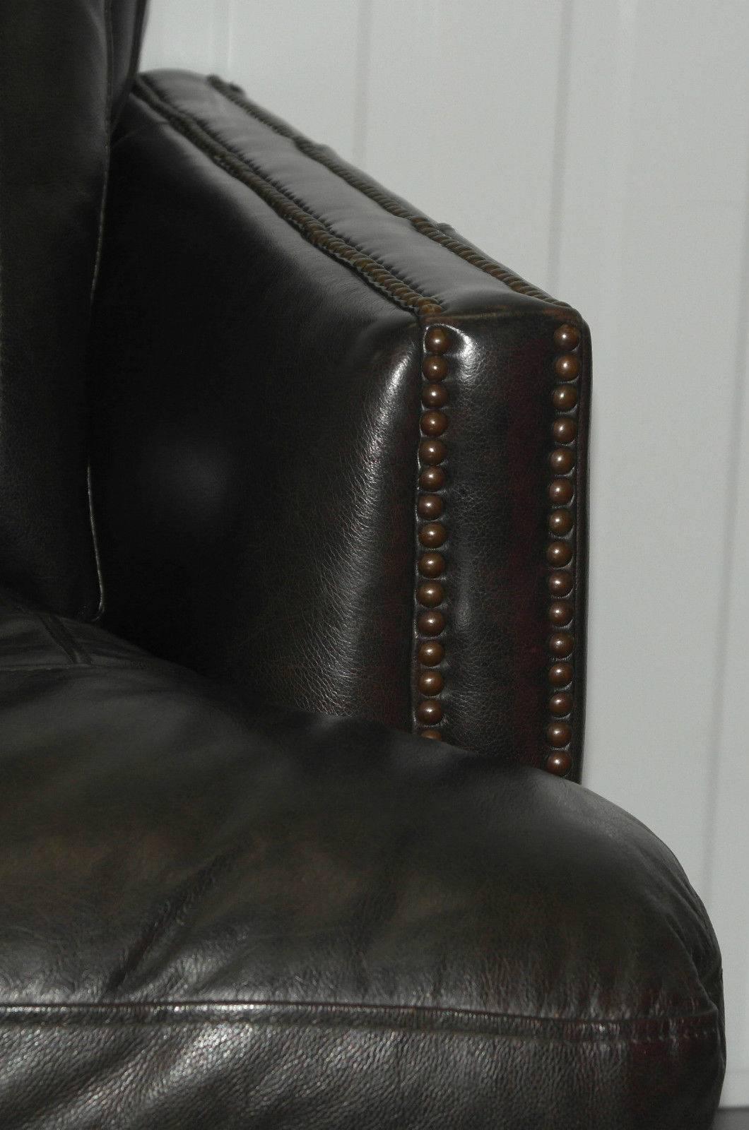 British Contemporary Double Cushion Extra Comfortable Brown Leather Studded Club Sofa