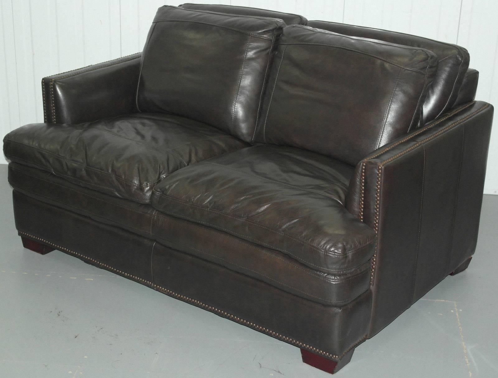 Contemporary Double Cushion Extra Comfortable Brown Leather Studded Club Sofa 3