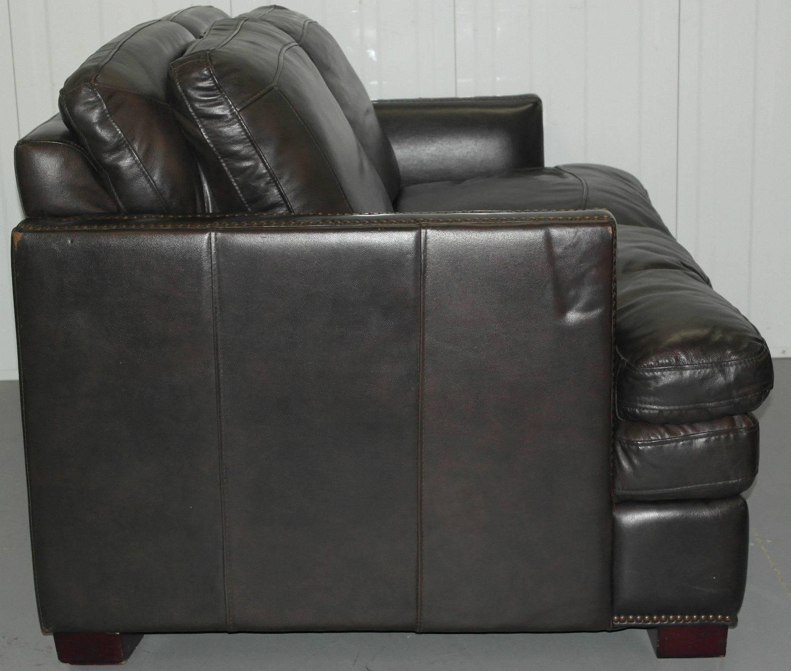 Hand-Carved Contemporary Double Cushion Extra Comfortable Brown Leather Studded Club Sofa