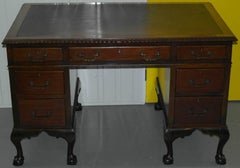 Stunning Antique Queen Anne Partner Desk with Claw and Ball Feet Leather Top