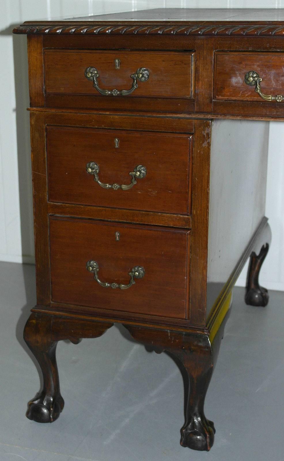 British Stunning Antique Queen Anne Partner Desk with Claw and Ball Feet Leather Top