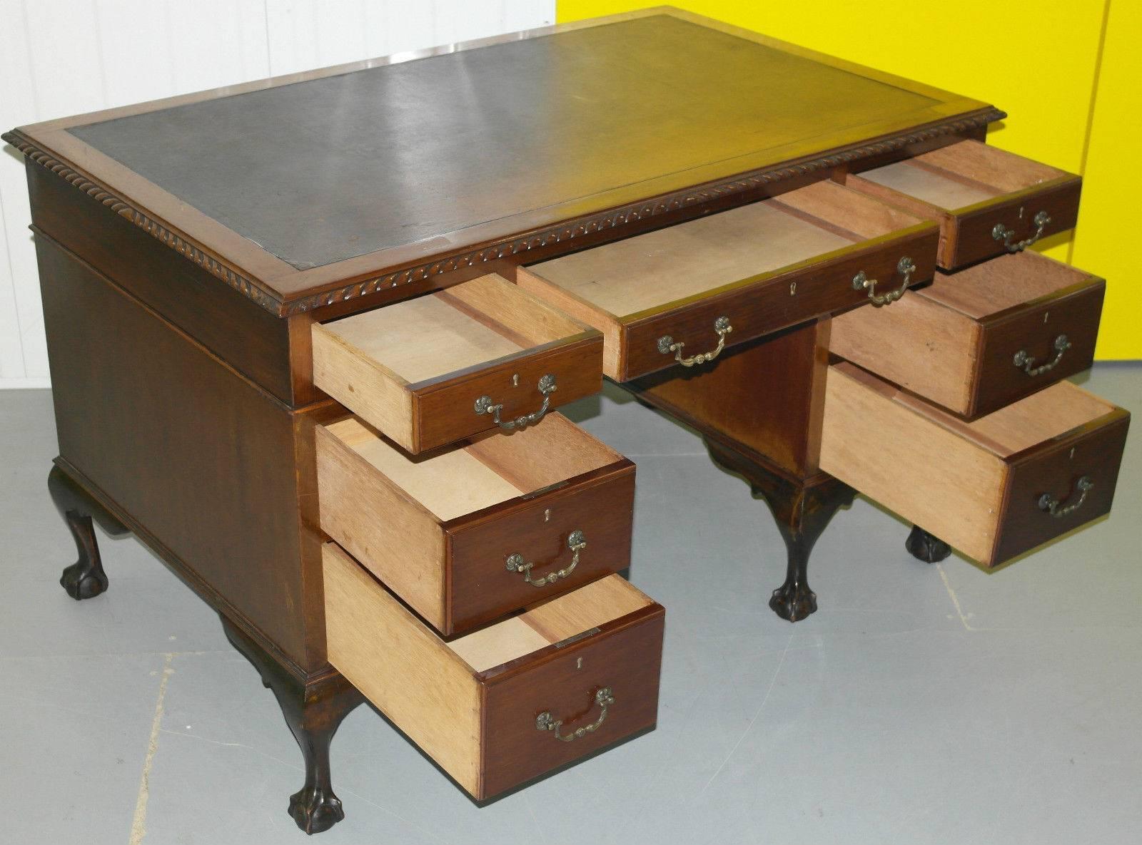 20th Century Stunning Antique Queen Anne Partner Desk with Claw and Ball Feet Leather Top