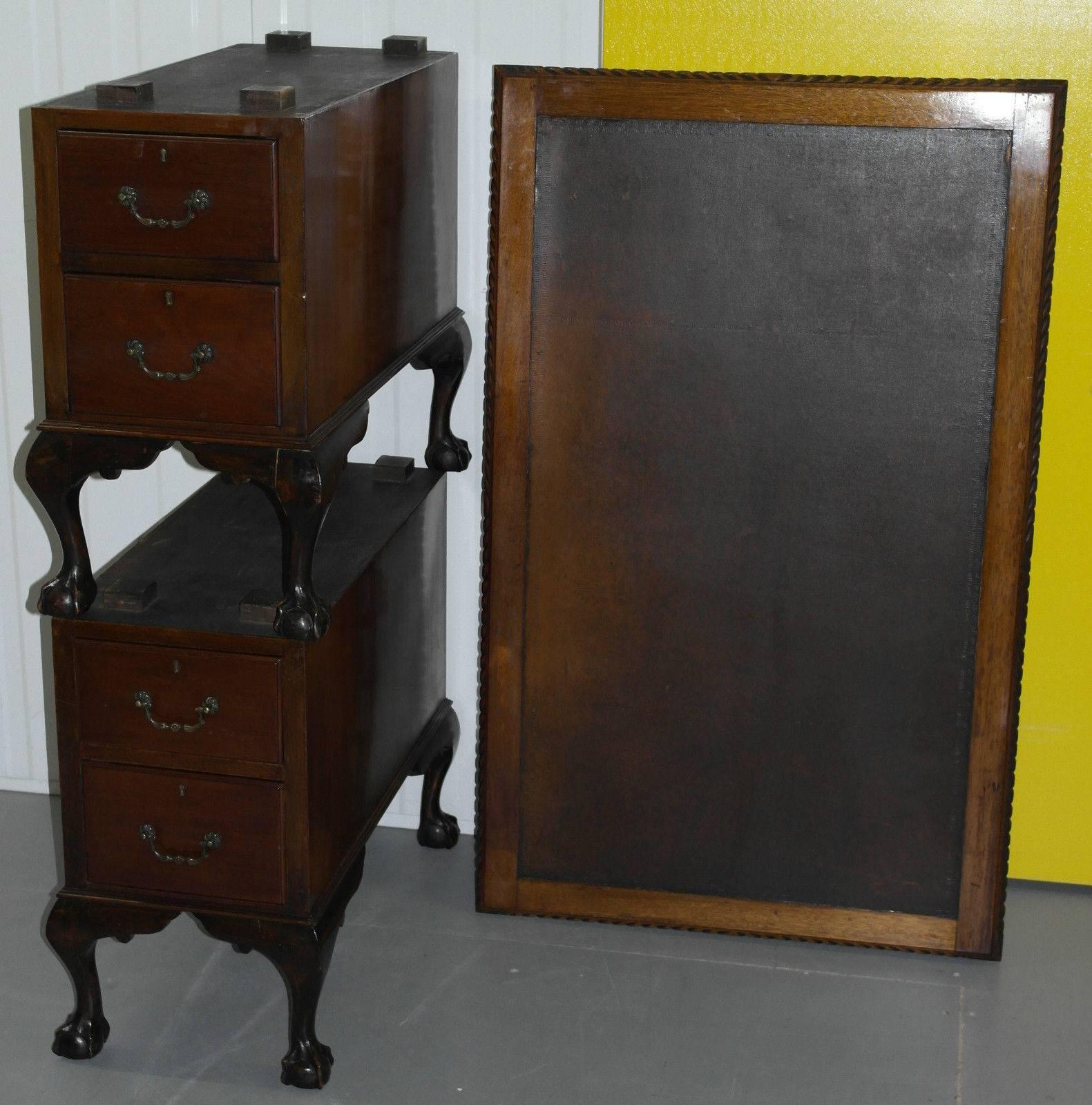 Stunning Antique Queen Anne Partner Desk with Claw and Ball Feet Leather Top 1