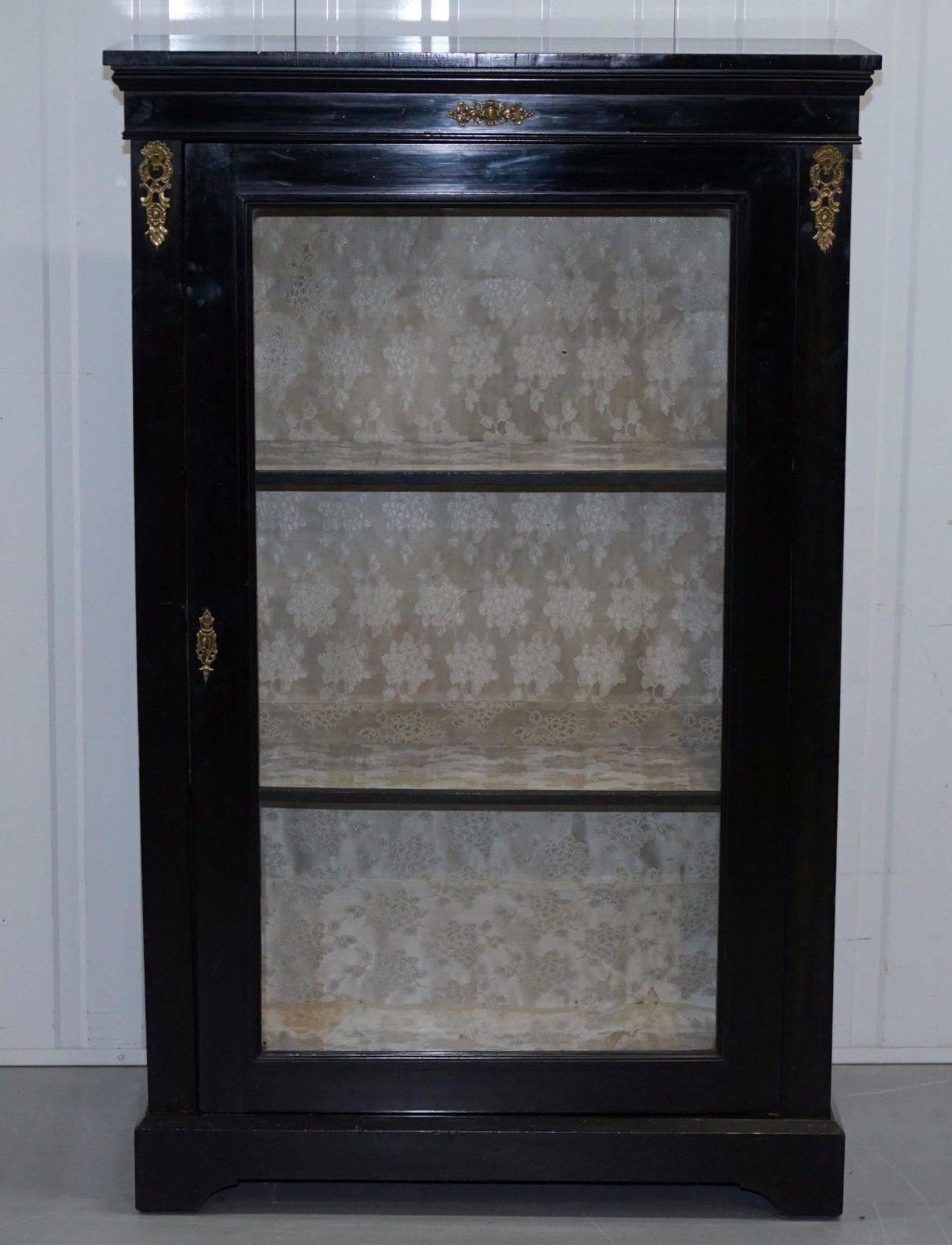 Victorian Lovely Grand Ebonized with Gilt Metal Hardware Bookcase Cabinet Display Case