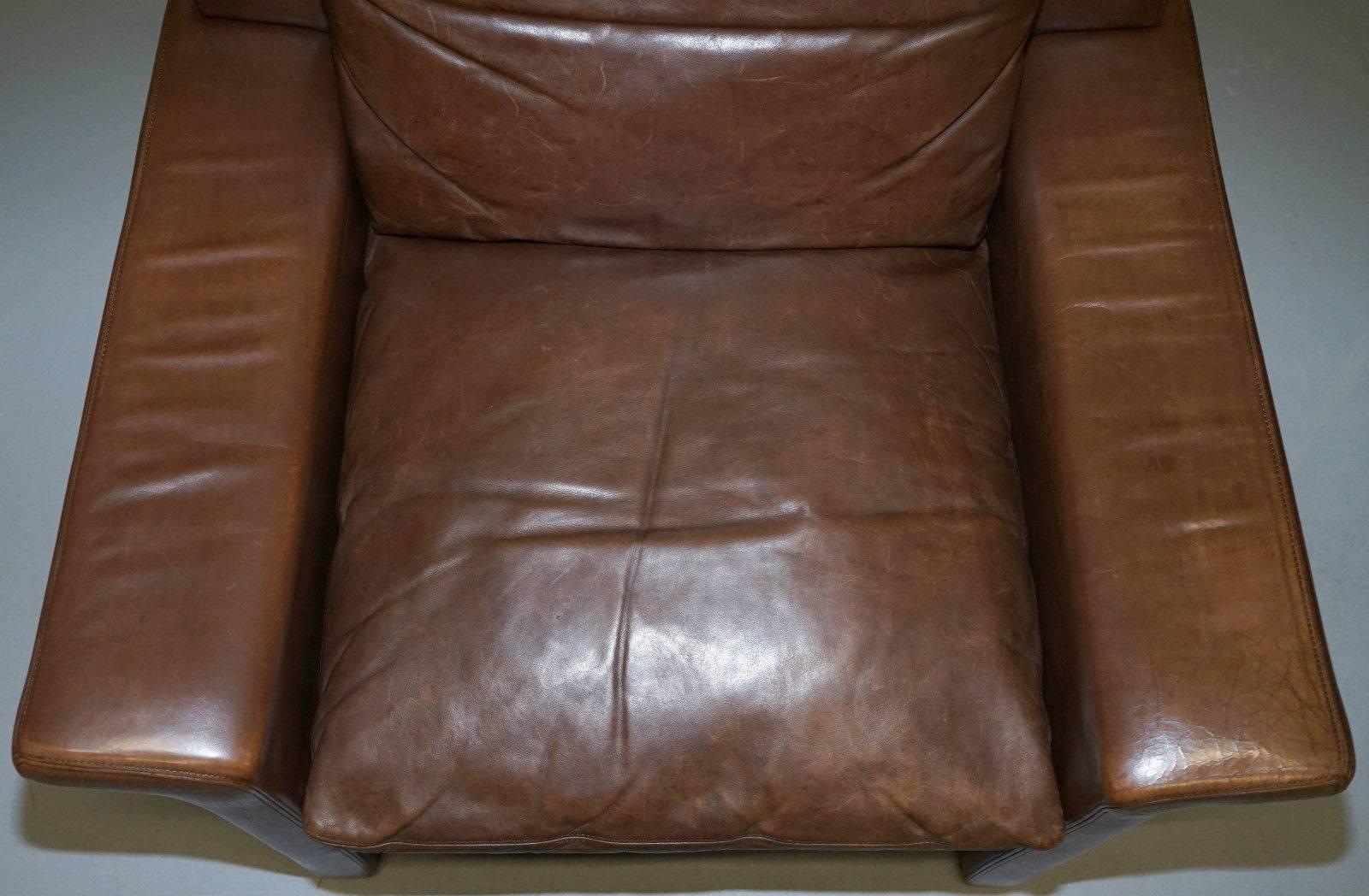 Aged Brown Leather Mid-Century Modern Danish Contemporary Luxury Armchair Retro 1