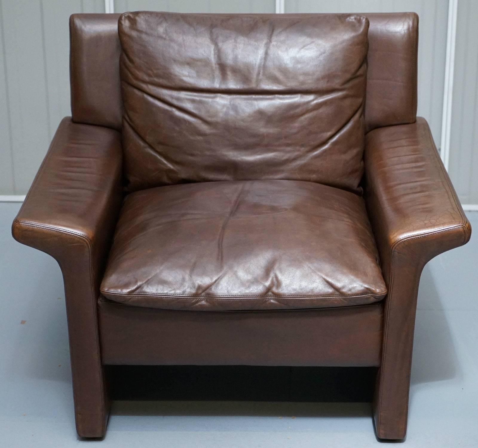 20th Century Aged Brown Leather Mid-Century Modern Danish Contemporary Luxury Armchair Retro