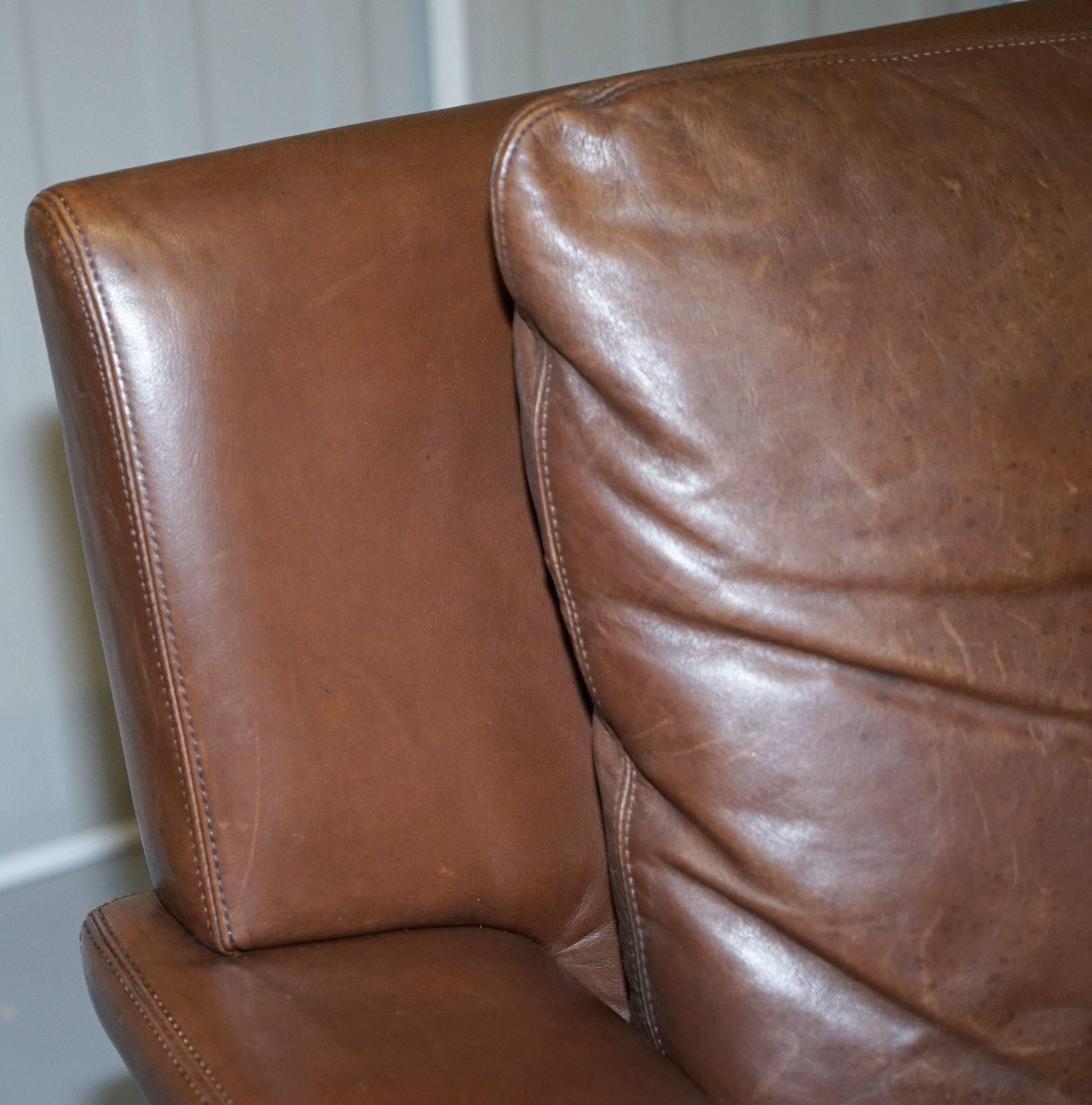 Aged Brown Leather Mid-Century Modern Danish Contemporary Luxury Armchair Retro 2