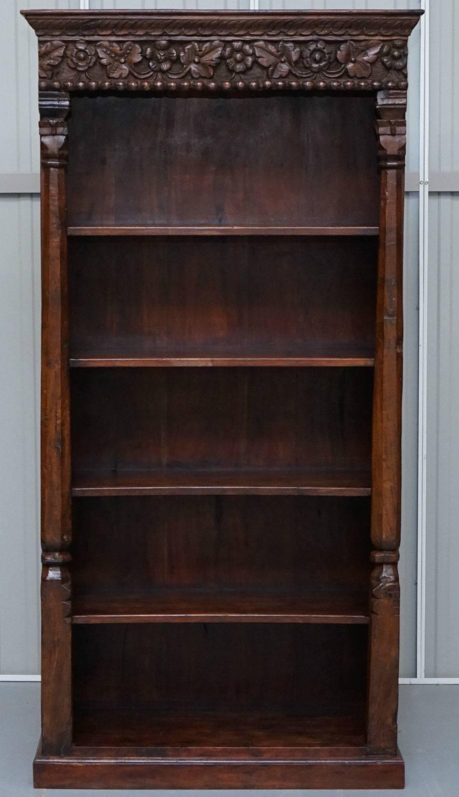 Solid Hand-Carved Teak Wood Bookcase, Extremely Heavy and Solid Well Made Piece 5