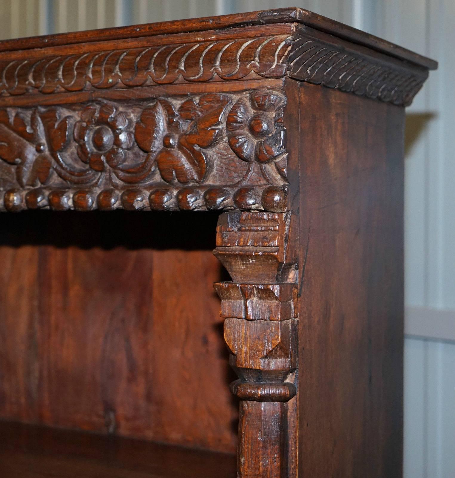 Jacobean Solid Hand-Carved Teak Wood Bookcase, Extremely Heavy and Solid Well Made Piece