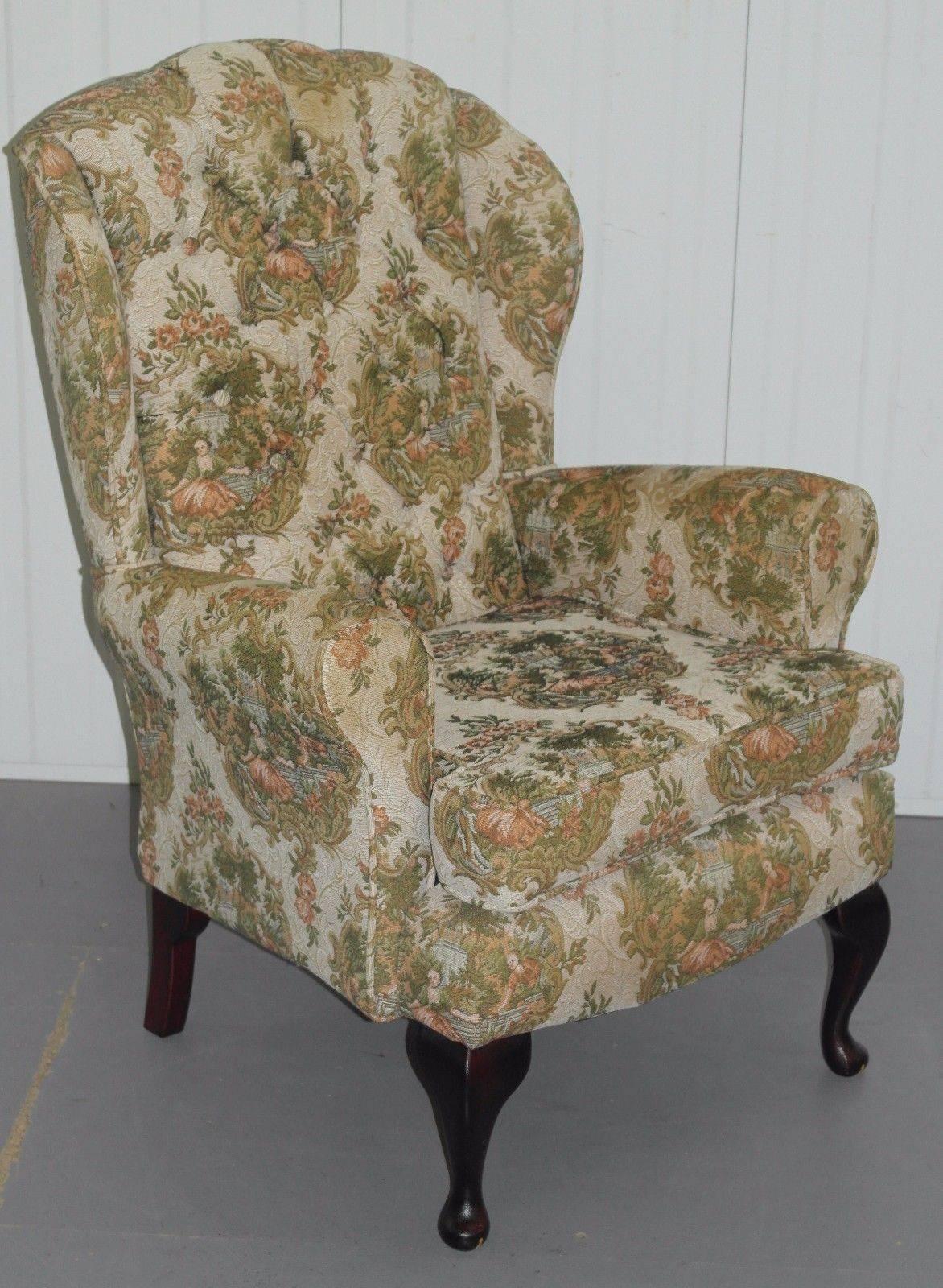 We are delighted to offer for sale this stunning pair of lovely needlework upholstery Chesterfield wingback Queen Anne armchairs

A lovely pair, one has hardly ever been used, the other a little more, the needlework is all done by hand and matches