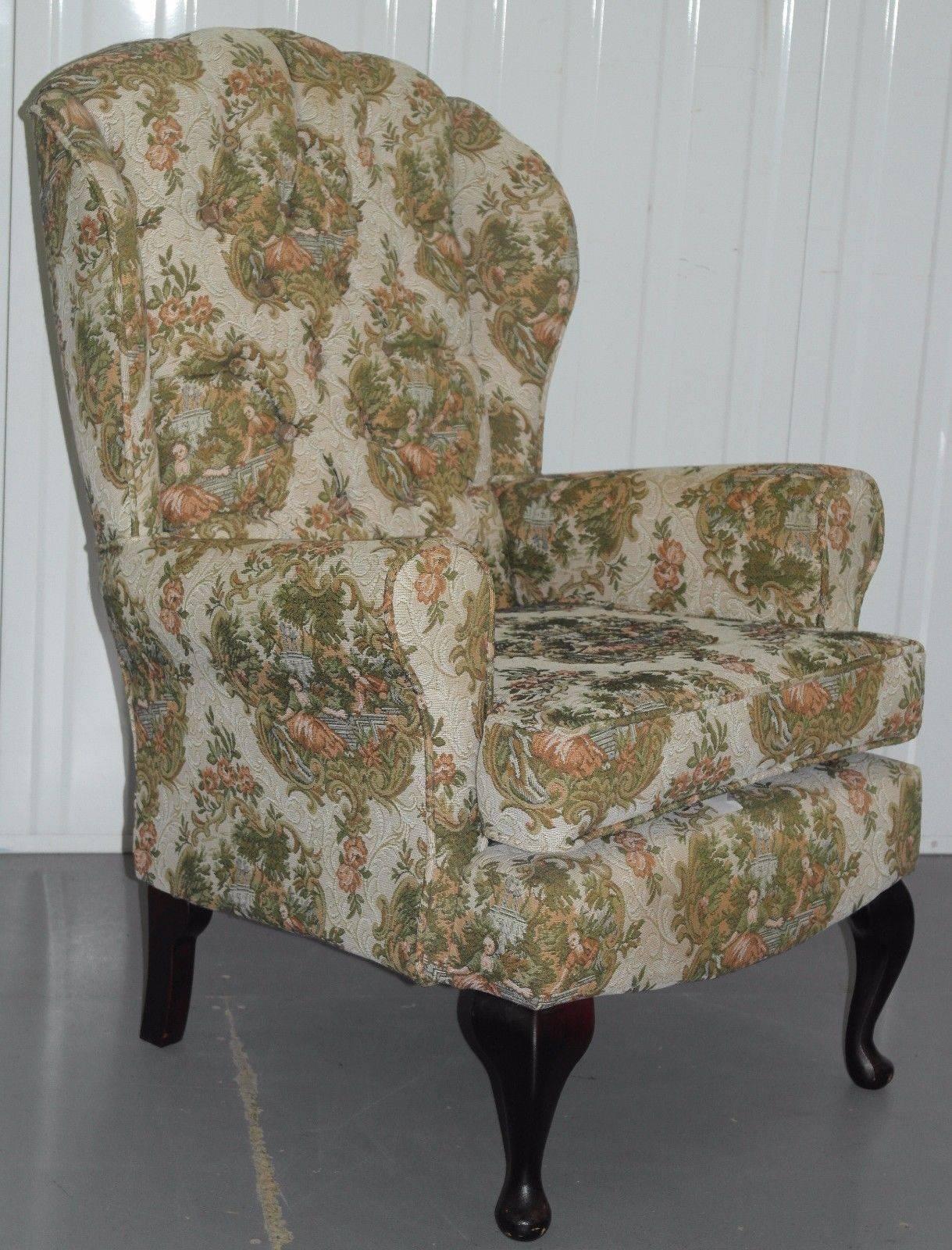 British Pair of Embroidered Needlework Upholstered Chesterfield Wingback Armchairs