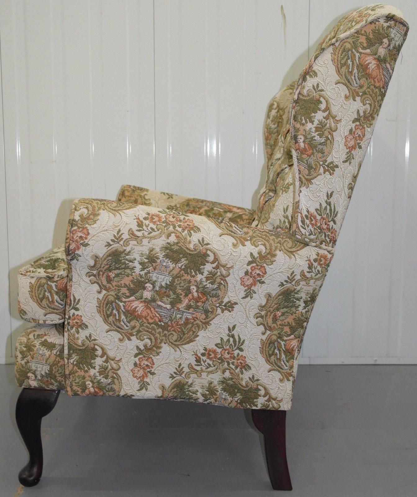 Pair of Embroidered Needlework Upholstered Chesterfield Wingback Armchairs 3