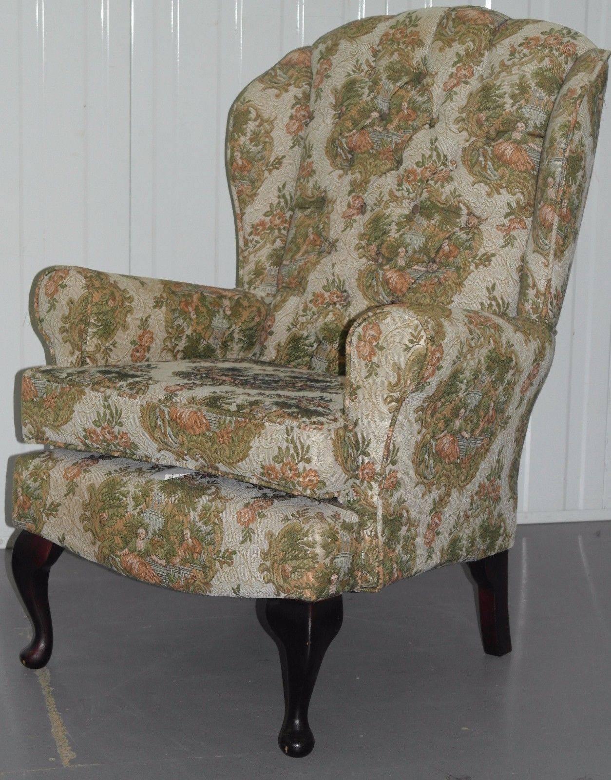 20th Century Pair of Embroidered Needlework Upholstered Chesterfield Wingback Armchairs