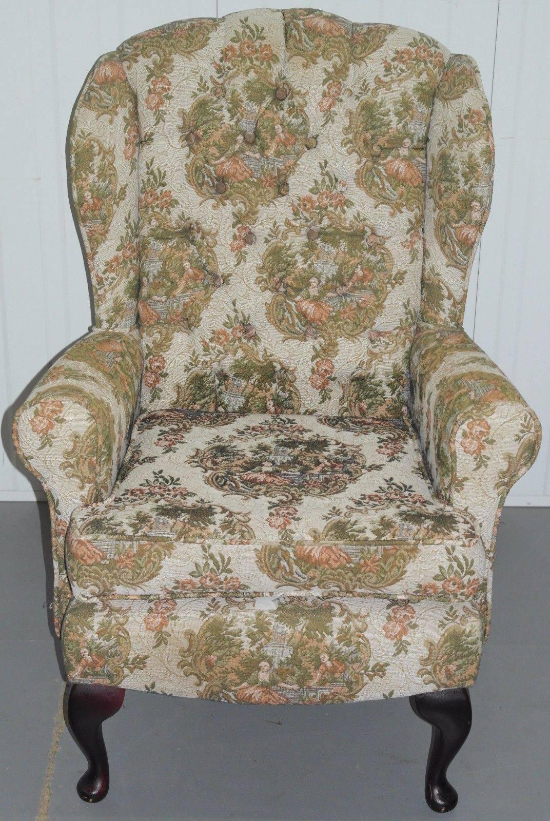 Hand-Carved Pair of Embroidered Needlework Upholstered Chesterfield Wingback Armchairs