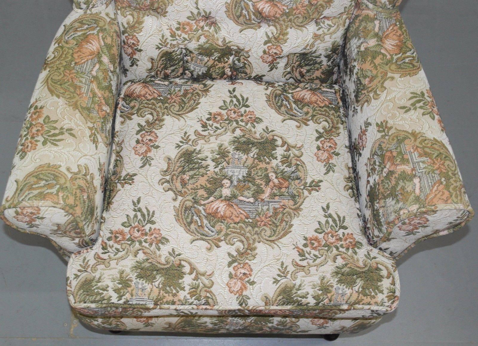 Fabric Pair of Embroidered Needlework Upholstered Chesterfield Wingback Armchairs