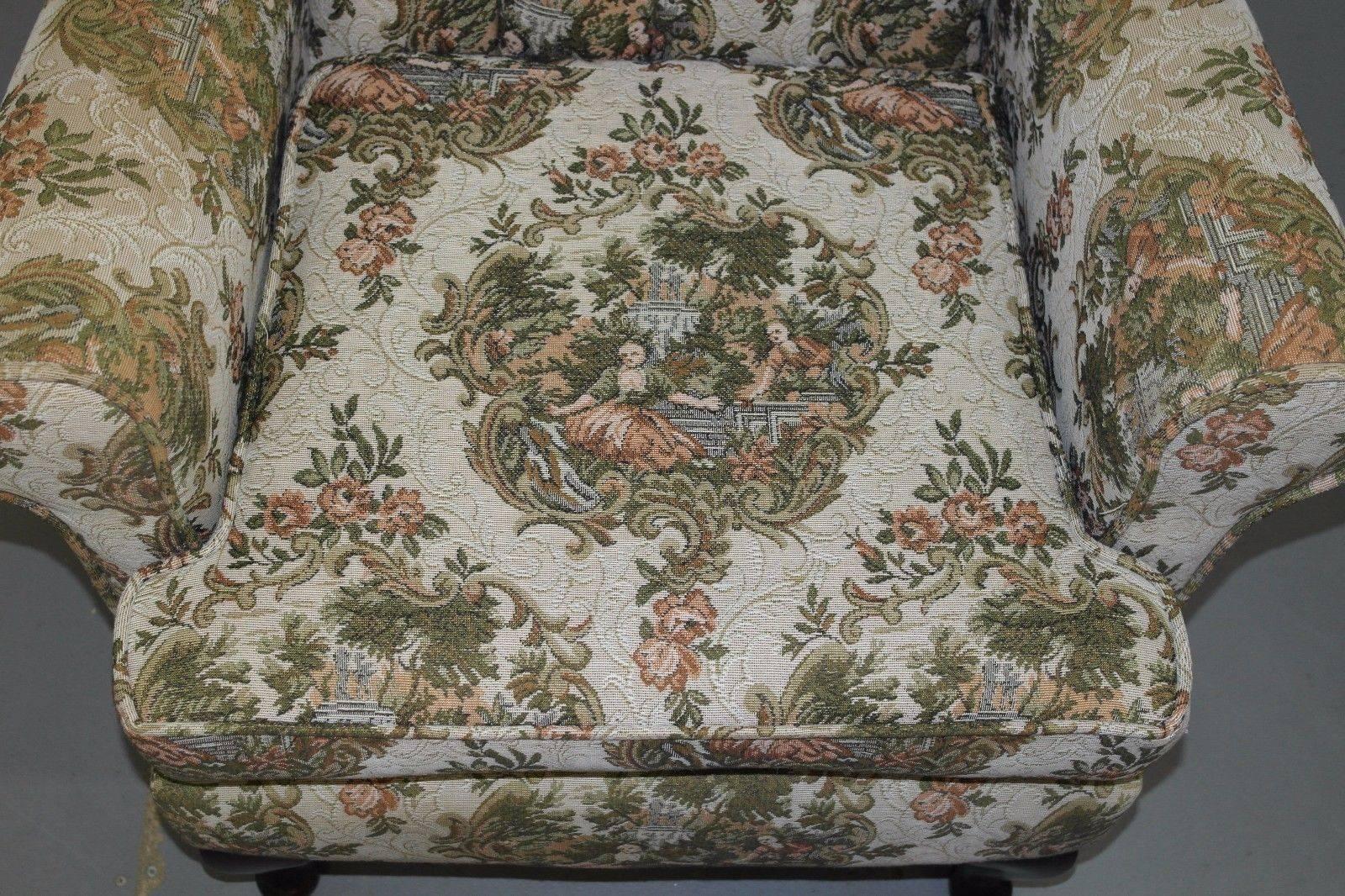 Pair of Embroidered Needlework Upholstered Chesterfield Wingback Armchairs 1