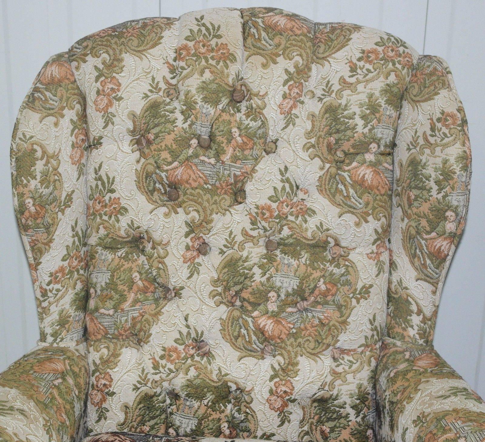 Pair of Embroidered Needlework Upholstered Chesterfield Wingback Armchairs 2