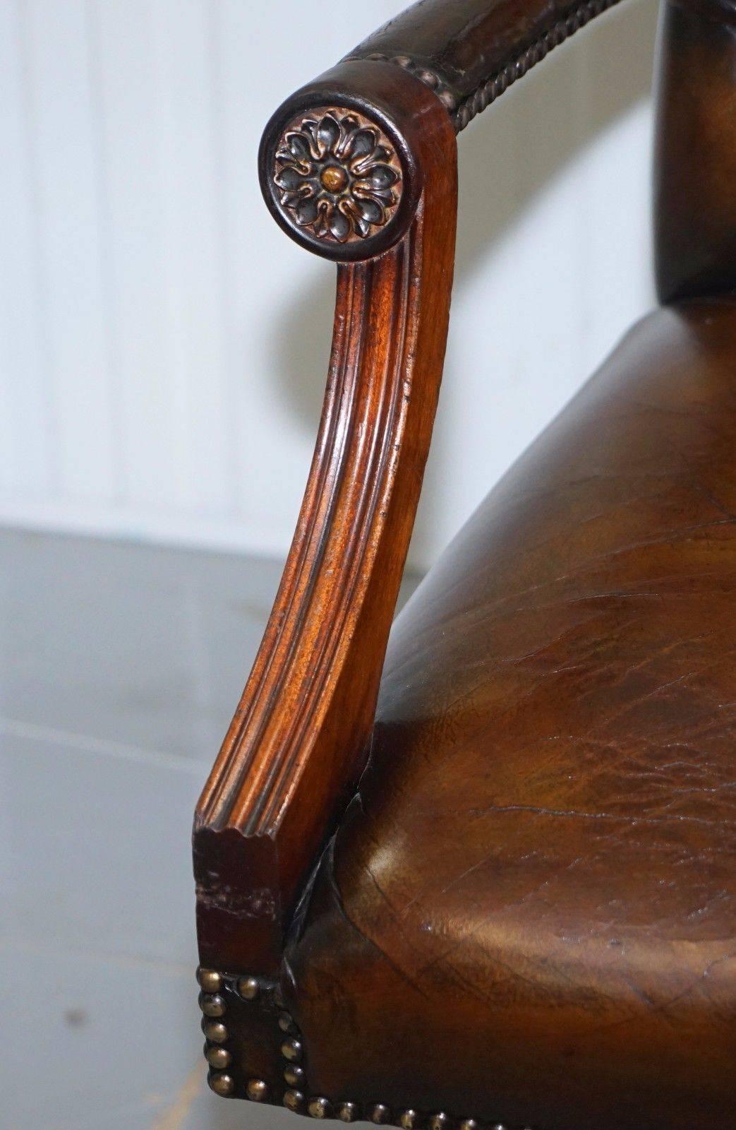 Hand-Carved Restored Hand Dyed Brown Leather Chesterfield Gainsborough Carver Captains Chair