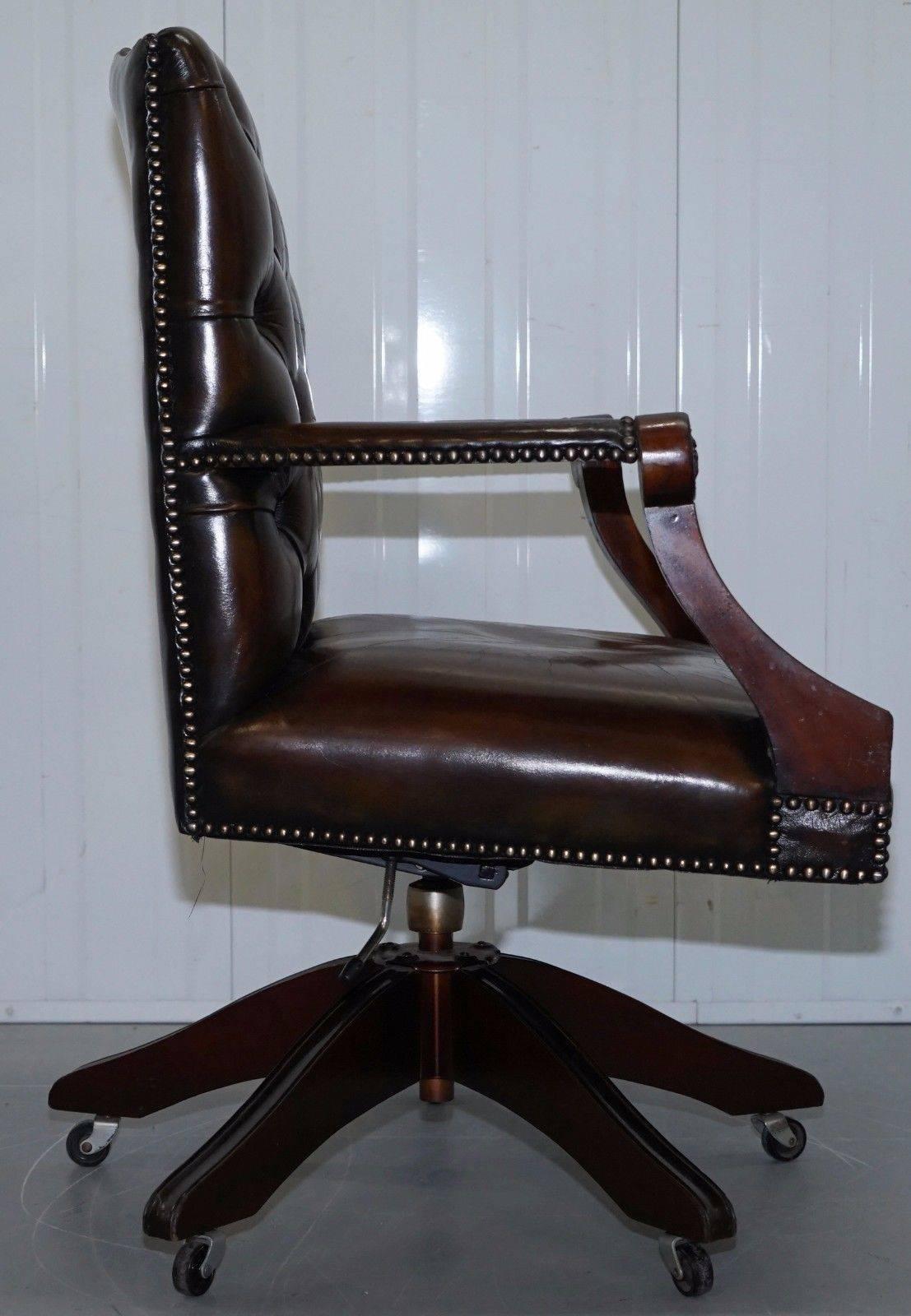 Restored Hand Dyed Brown Leather Chesterfield Gainsborough Carver Captains Chair 1