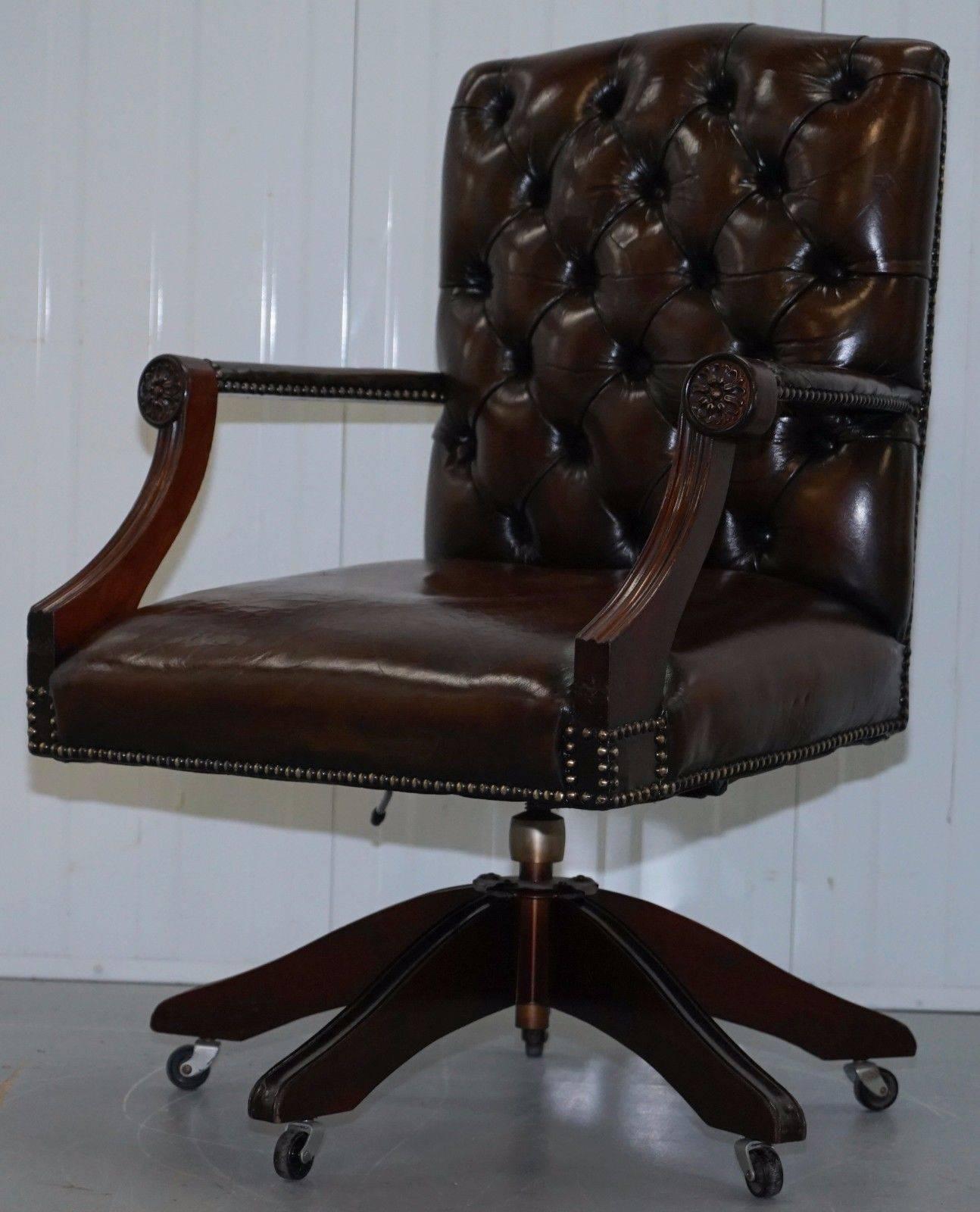 Mid-Century Modern Restored Hand Dyed Brown Leather Chesterfield Gainsborough Carver Captains Chair