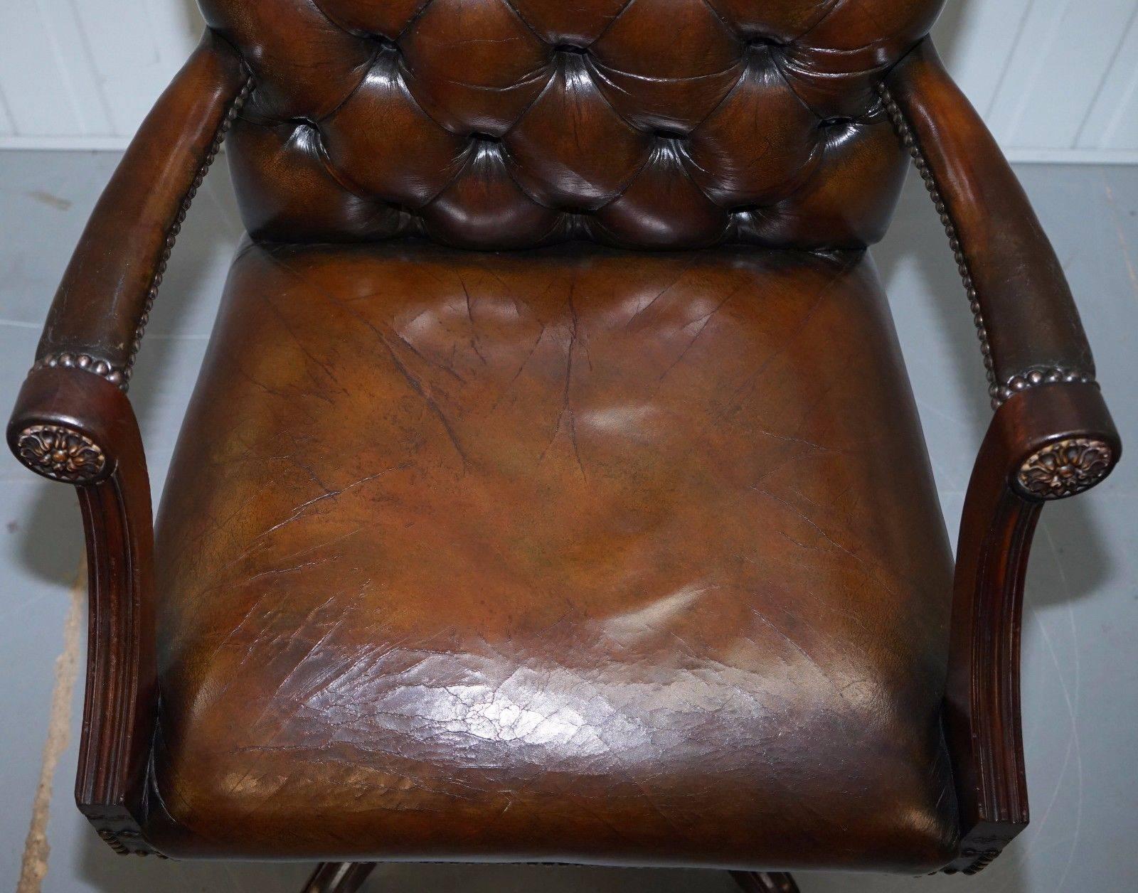 British Restored Hand Dyed Brown Leather Chesterfield Gainsborough Carver Captains Chair