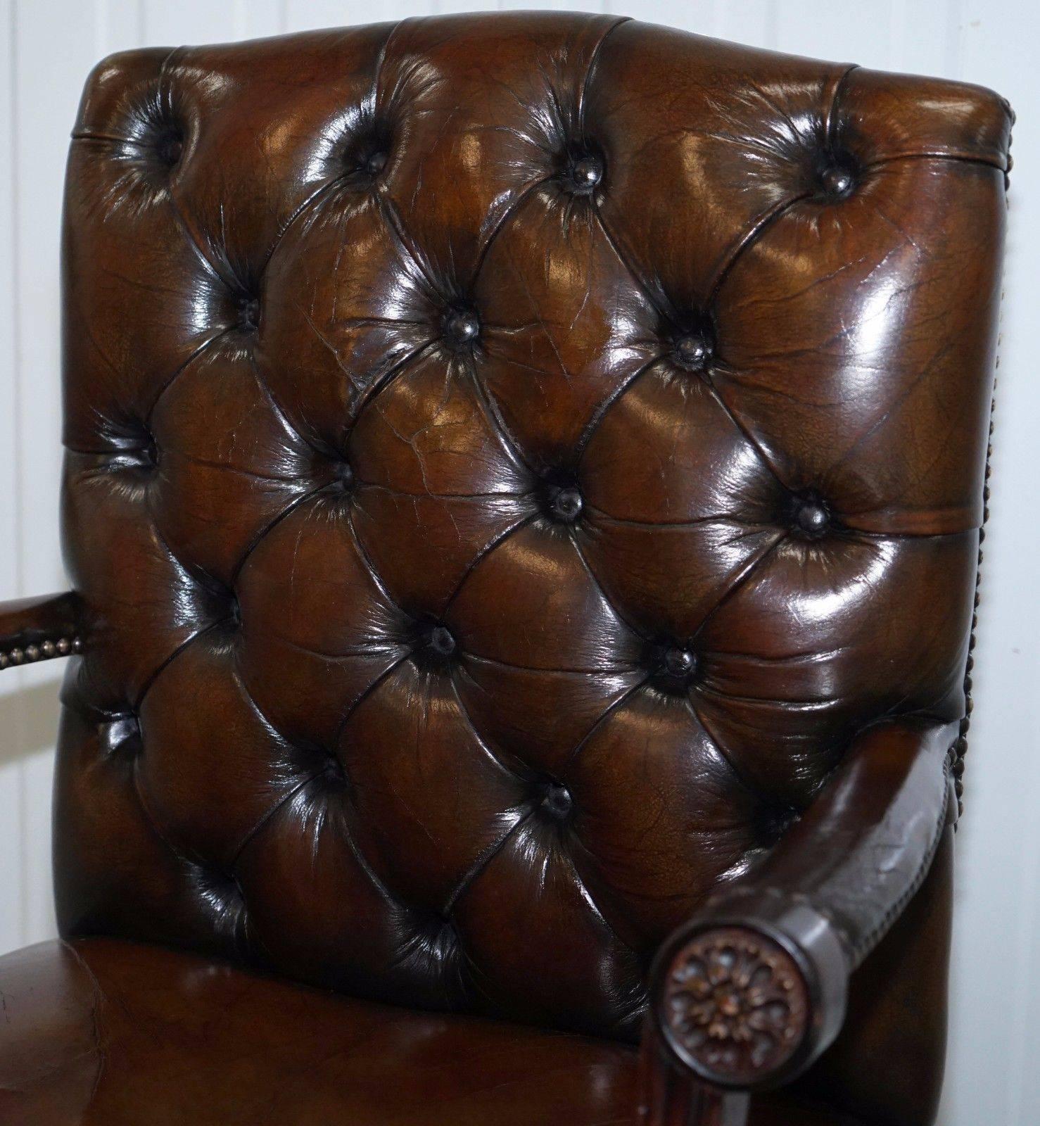 20th Century Restored Hand Dyed Brown Leather Chesterfield Gainsborough Carver Captains Chair