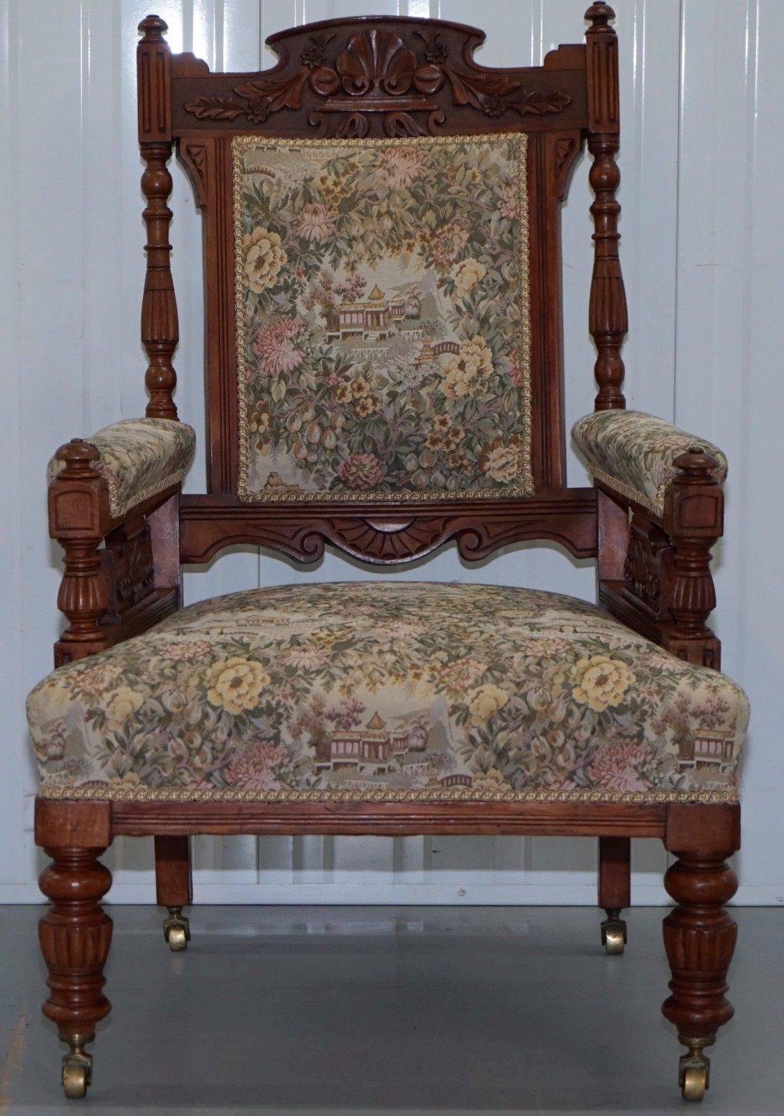 We are delighted to offer for sale this absolutely stunning Victorian oak hand-carved Library reading chair with Embroidered tapestry upholstery and Gillows style reeded legs

A really very good looking piece in stunning condition throughout, we
