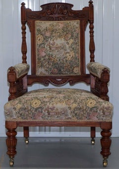Victorian Embroidered Carved Oak Framed Library Reading Chair Gillows Style Legs