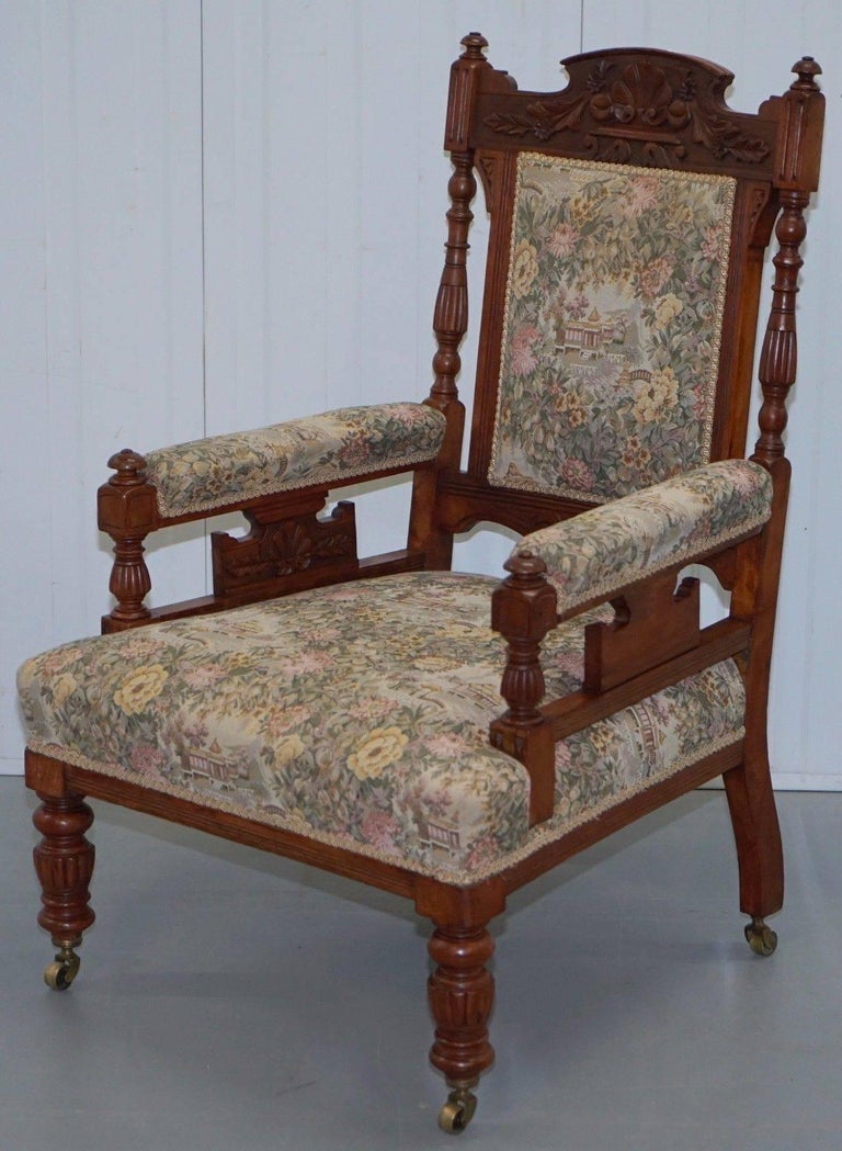 Victorian Embroidered Carved Oak Framed Library Reading Chair Gillows Style Legs at 1stDibs