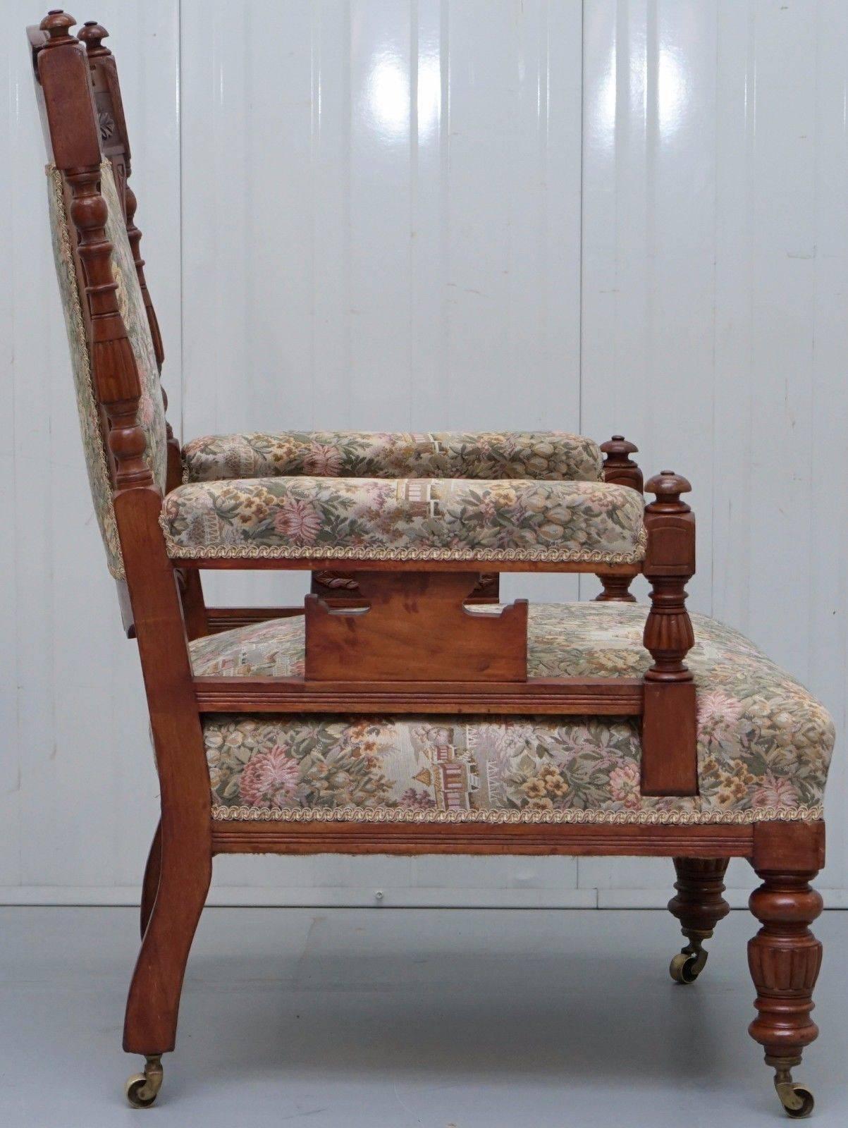 Hand-Carved Victorian Embroidered Carved Oak Framed Library Reading Chair Gillows Style Legs