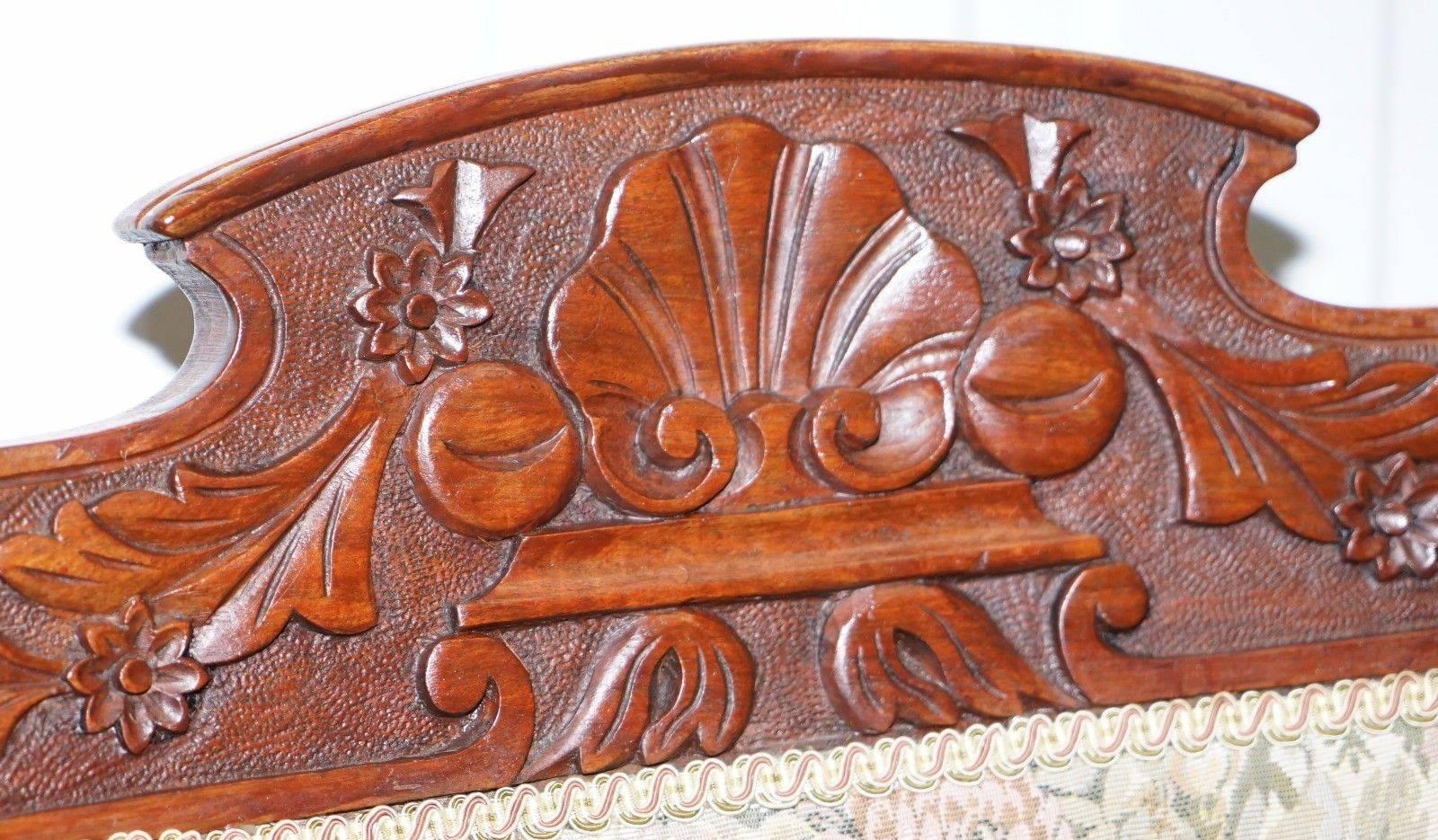 19th Century Victorian Embroidered Carved Oak Framed Library Reading Chair Gillows Style Legs