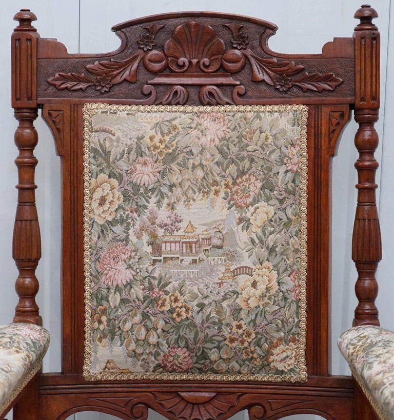 Victorian Embroidered Carved Oak Framed Library Reading Chair Gillows Style Legs at 1stDibs