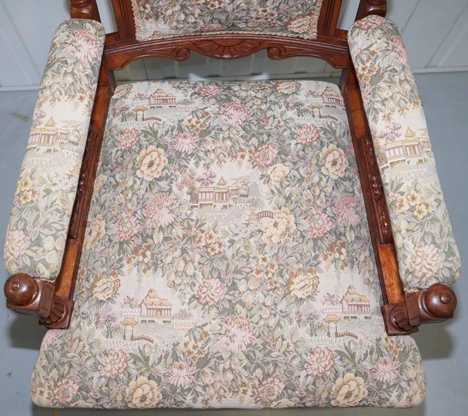 British Victorian Embroidered Carved Oak Framed Library Reading Chair Gillows Style Legs