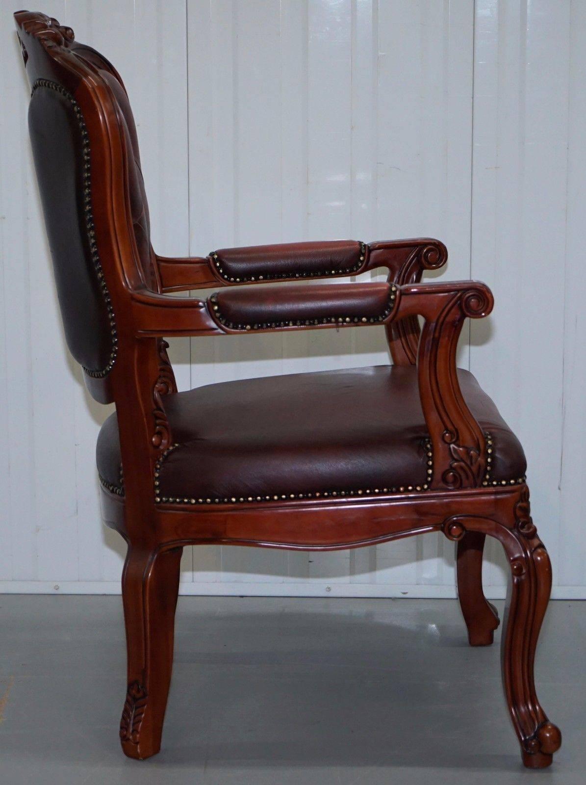 Pair of Chesterfield Vintage French Louis Oxblood Oversized Carved Armchairs 4