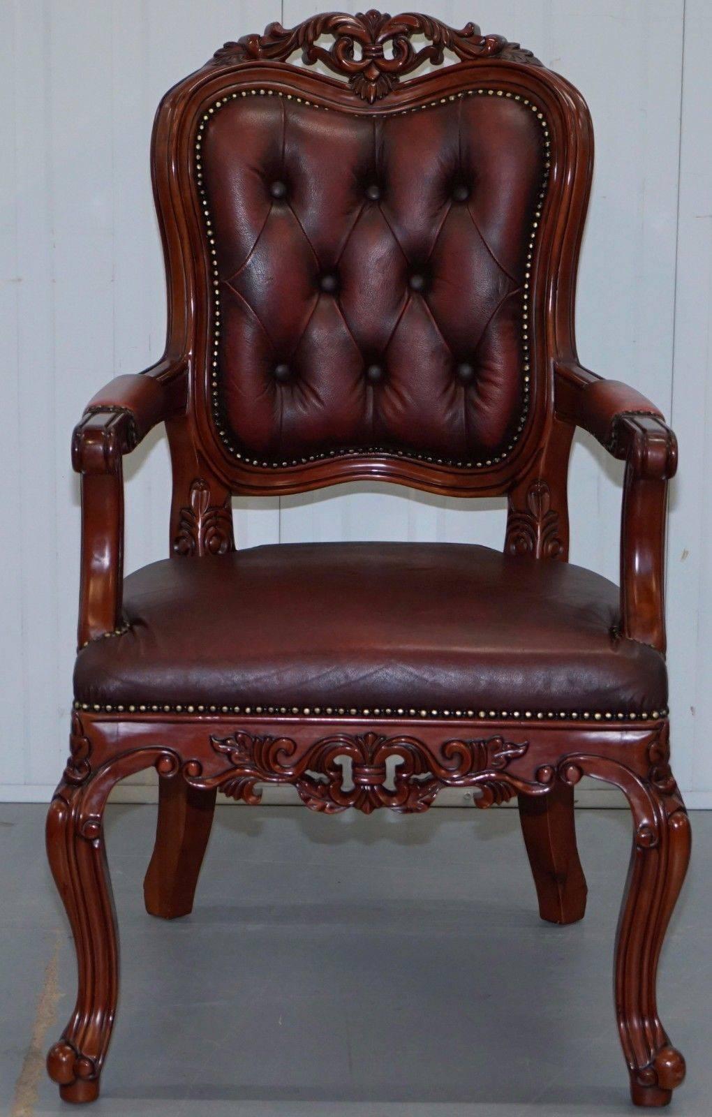 Hand-Carved Pair of Chesterfield Vintage French Louis Oxblood Oversized Carved Armchairs