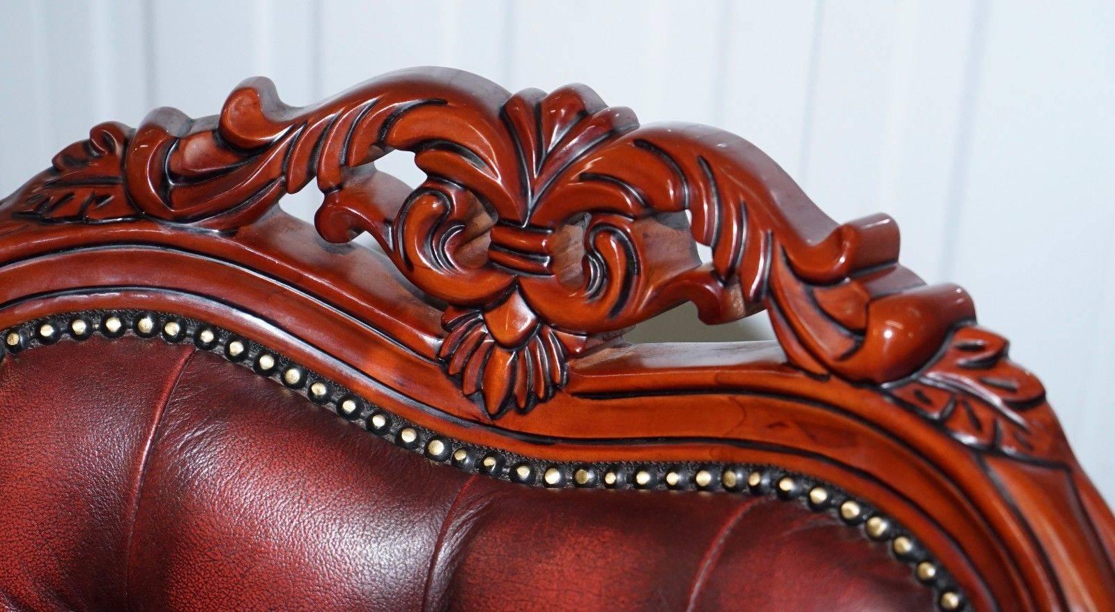 Pair of Chesterfield Vintage French Louis Oxblood Oversized Carved Armchairs 1