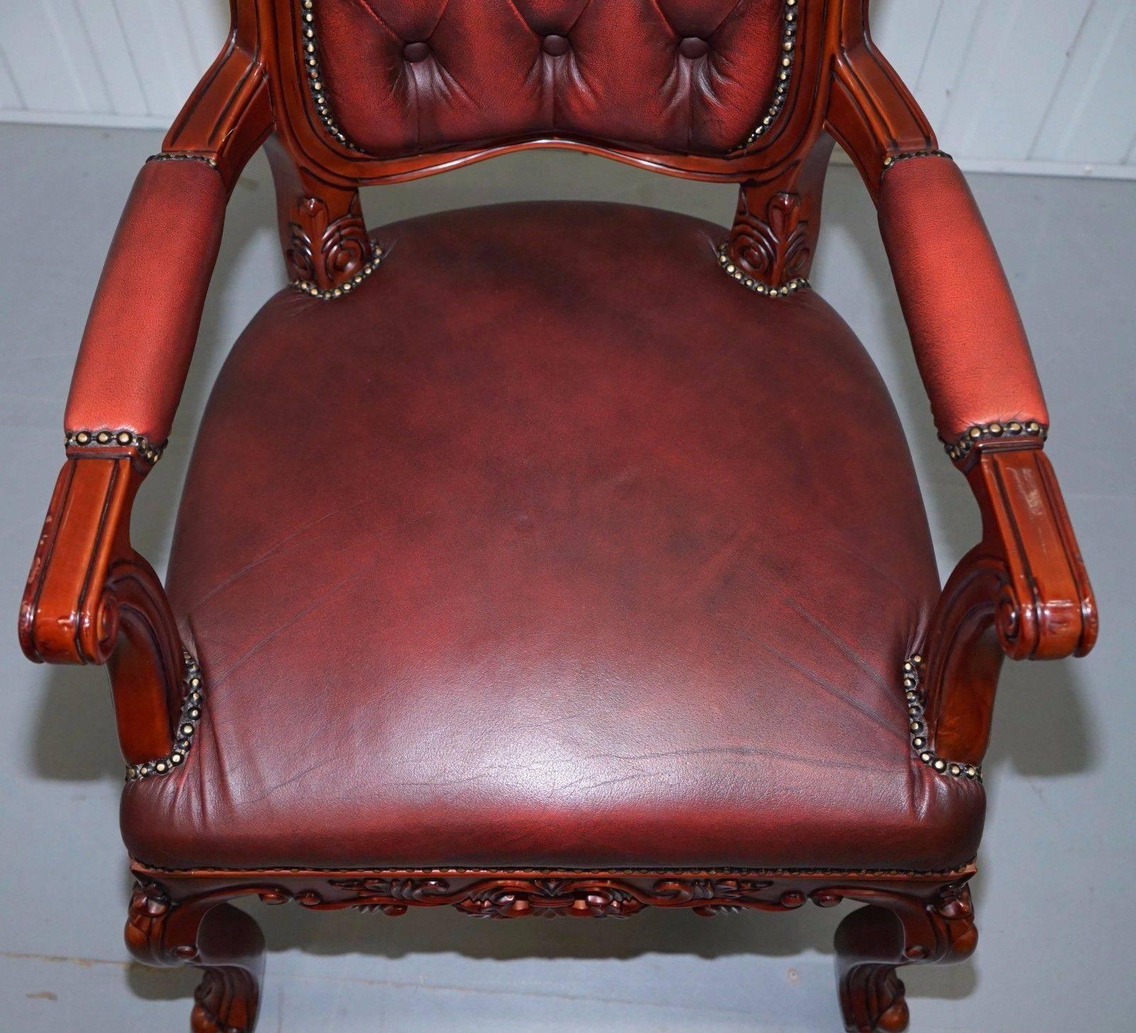 Pair of Chesterfield Vintage French Louis Oxblood Oversized Carved Armchairs 2