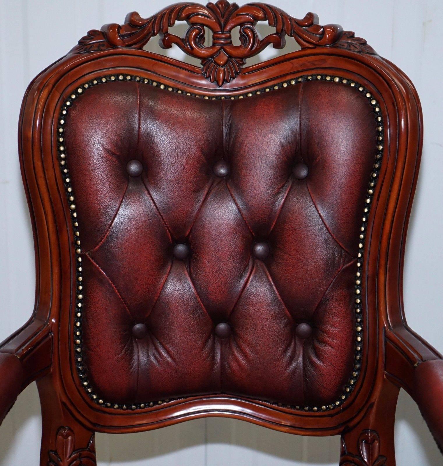 Leather Pair of Chesterfield Vintage French Louis Oxblood Oversized Carved Armchairs
