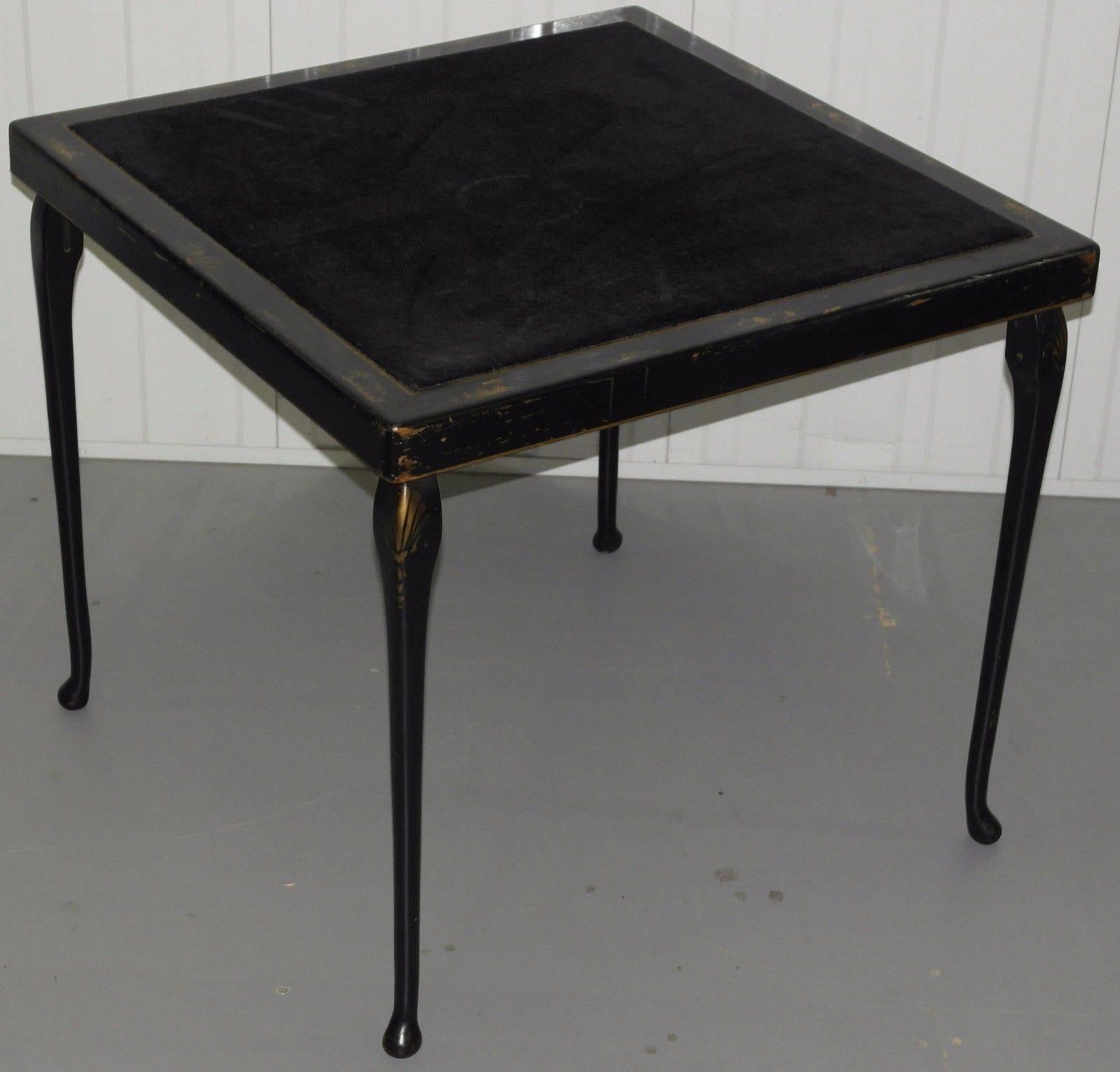 We are delighted to offer for sale this stunning pair of ebonised black handmade in England Campaign folding card tables with velvet surface in the Chinese style

Wow! What a lovely and rare pair of card tables, the hand-painted Chinese detailing
