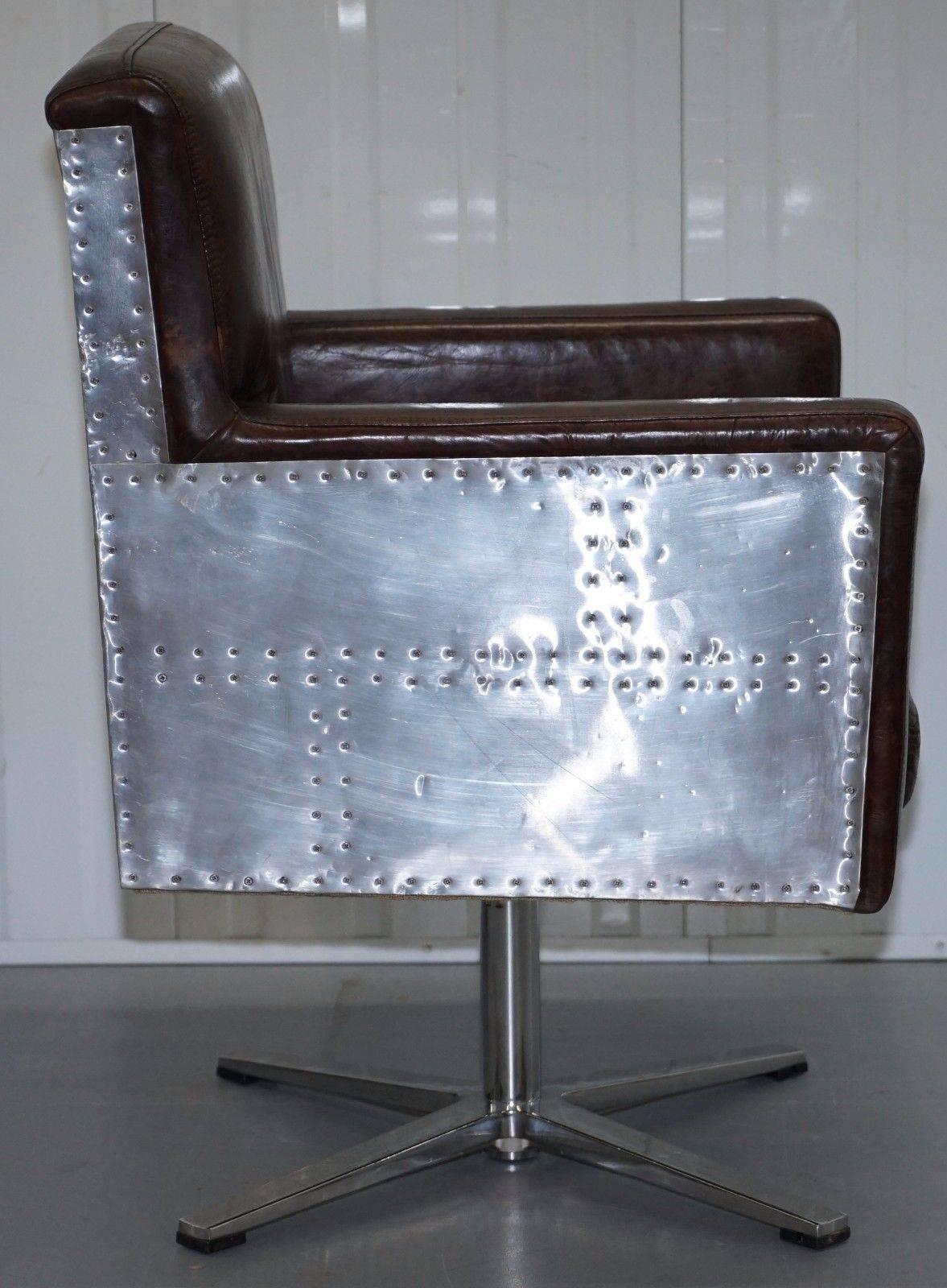 Unknown Aged Vintage Brown Leather Aviator Office Chair with Aluminium Hammer Frame Work