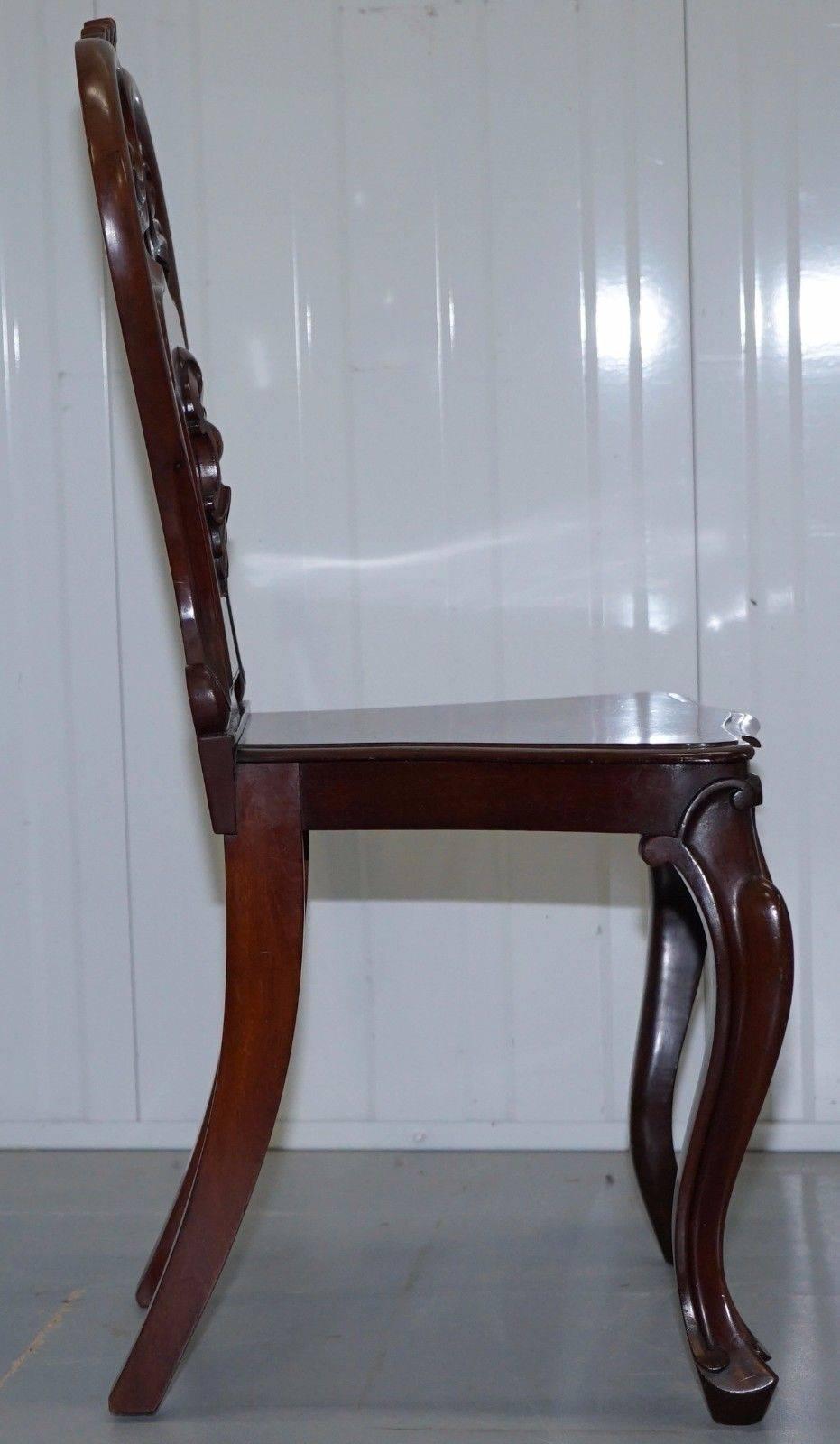 Pair of Rare 1870 Victorian Hand-Carved Shield Backed Solid Mahogany Hall Chairs 3