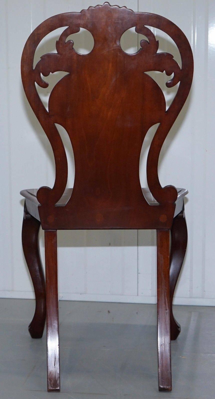 Pair of Rare 1870 Victorian Hand-Carved Shield Backed Solid Mahogany Hall Chairs 2