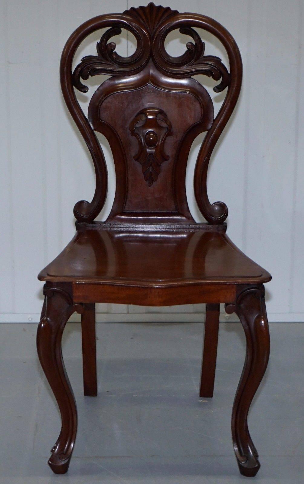 Late Victorian Pair of Rare 1870 Victorian Hand-Carved Shield Backed Solid Mahogany Hall Chairs