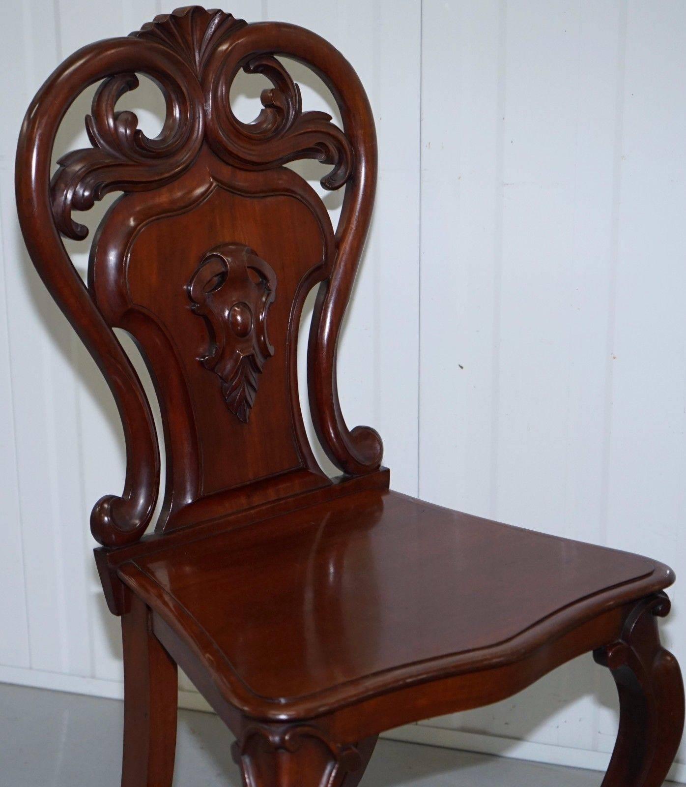 Pair of Rare 1870 Victorian Hand-Carved Shield Backed Solid Mahogany Hall Chairs 5