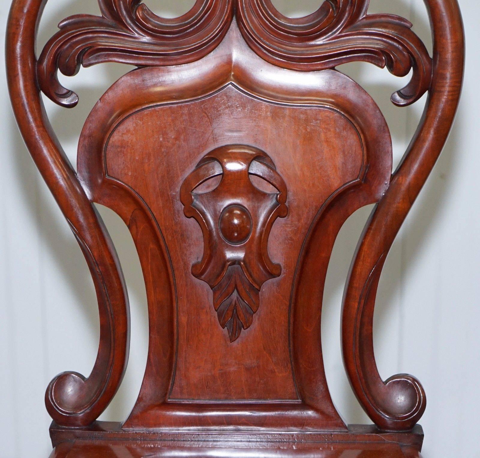Pair of Rare 1870 Victorian Hand-Carved Shield Backed Solid Mahogany Hall Chairs 1