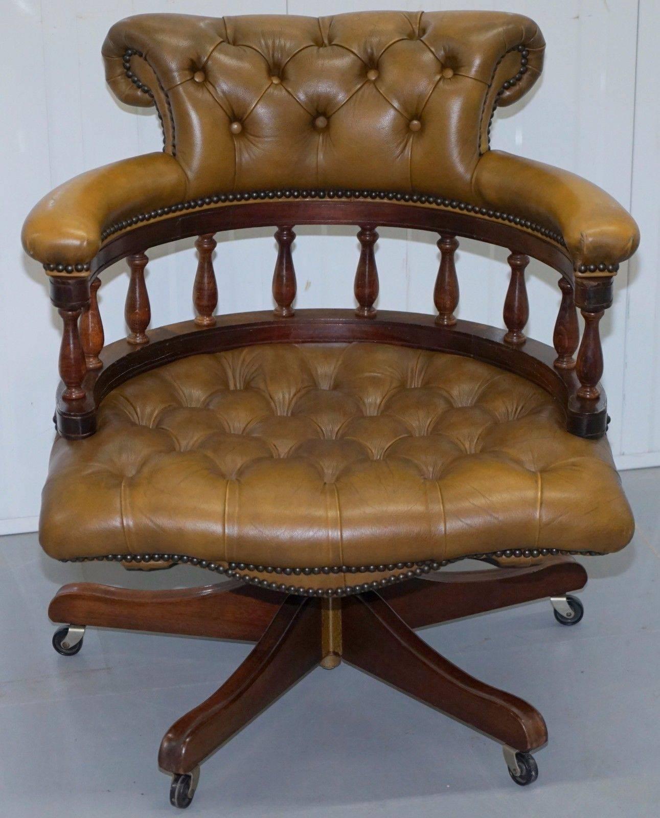 Hand-Carved Rare 40 Year Old Chesterfield Brown Leather Captains Chair Solid Oak Frame