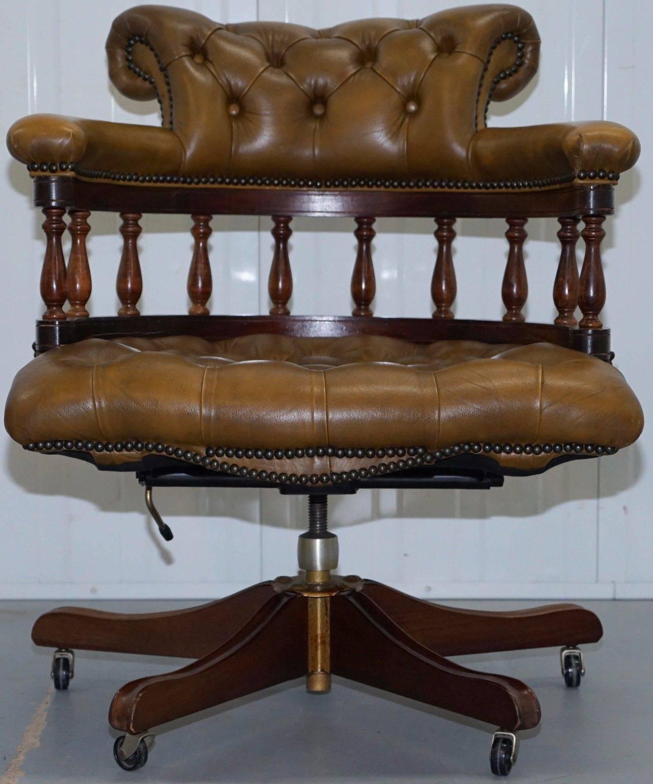 20th Century Rare 40 Year Old Chesterfield Brown Leather Captains Chair Solid Oak Frame