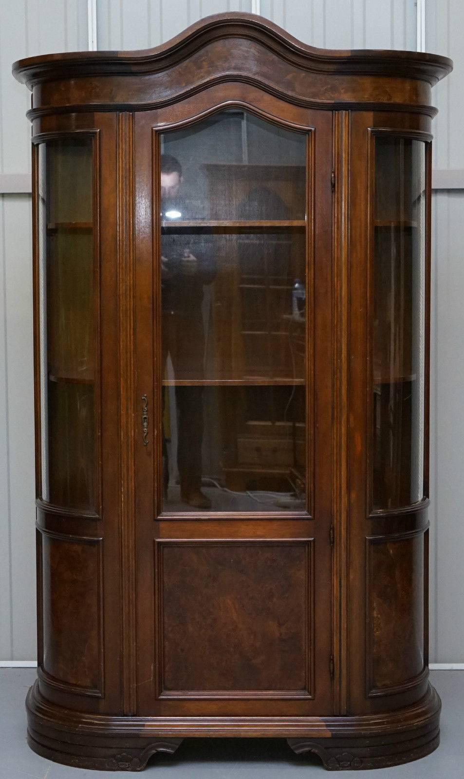 Hand-Carved English Regency Style Walnut and Mahogany Bow Fronted Display Cabinet Bookcase