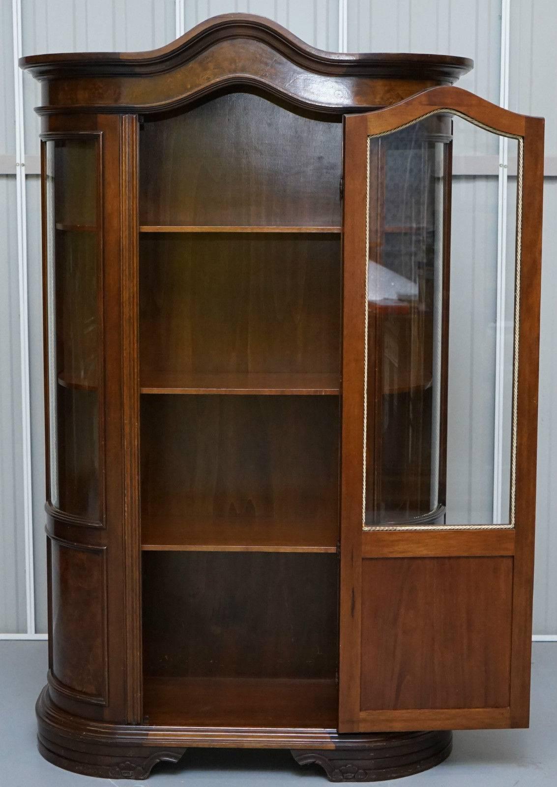 English Regency Style Walnut and Mahogany Bow Fronted Display Cabinet Bookcase 4