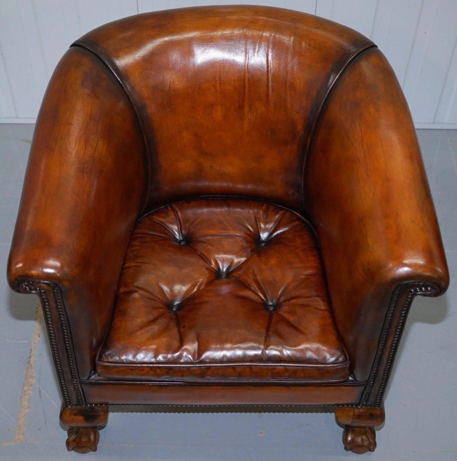 Leather Pair of Victorian Thomas Chippendale Style Restored Tub Armchairs Claw and Ball
